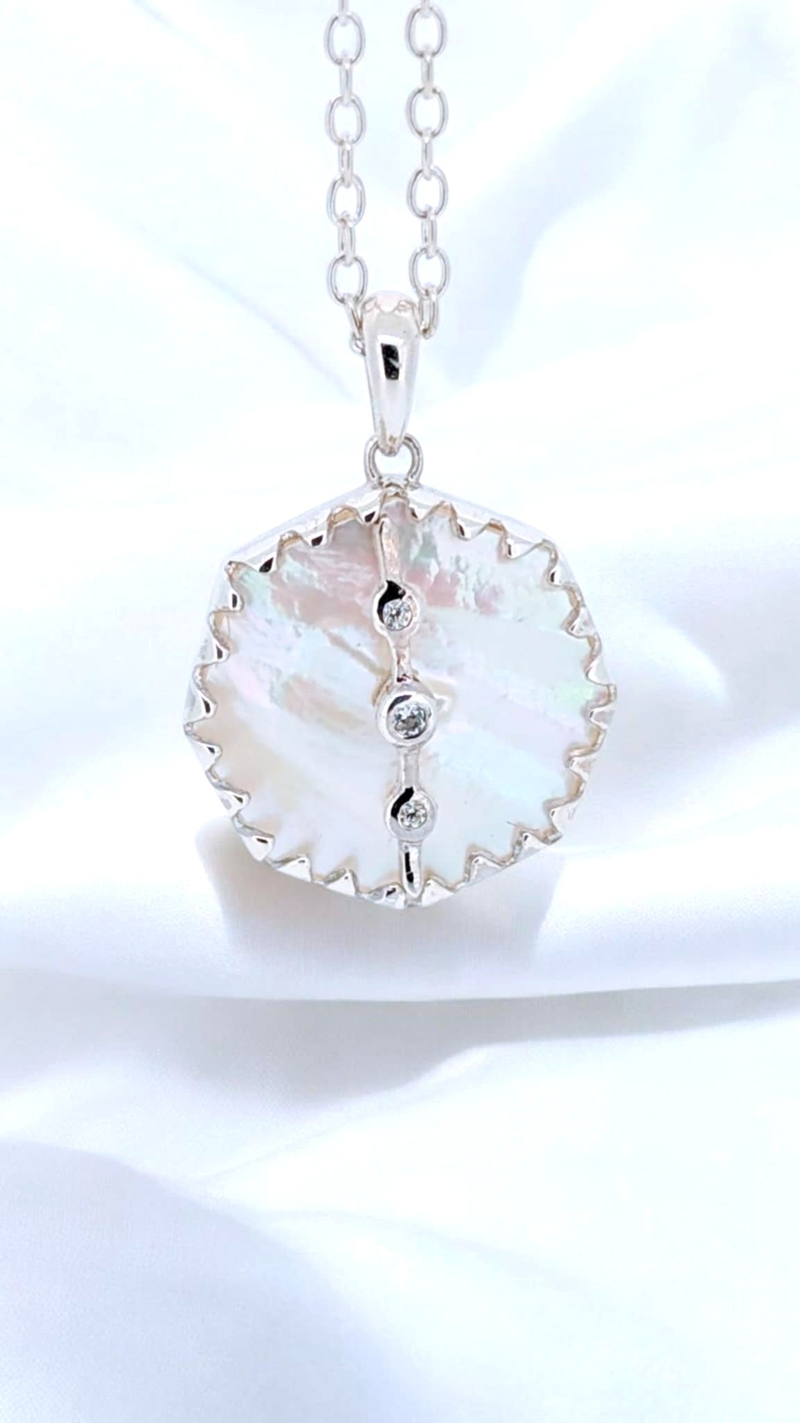 Mother Of Pearl Circle Drop Paired With Crisp White Zircs In Sterling Silver Necklace