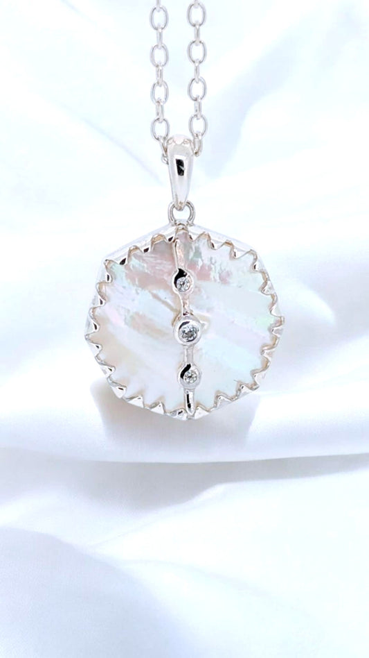 Mother Of Pearl Circle Drop Paired With Crisp White Zircs In Sterling Silver Necklace