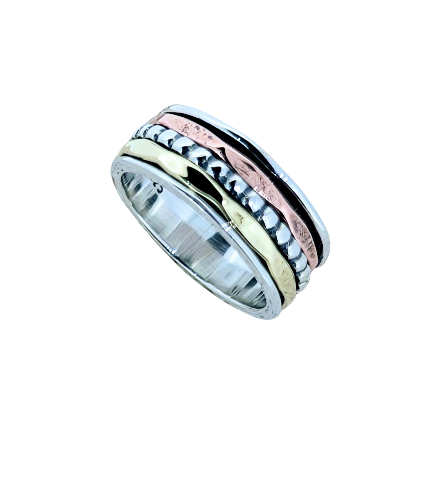 Three-Tone Spinning Calming Ring – Sterling Silver with Rose Gold and Gold Accents