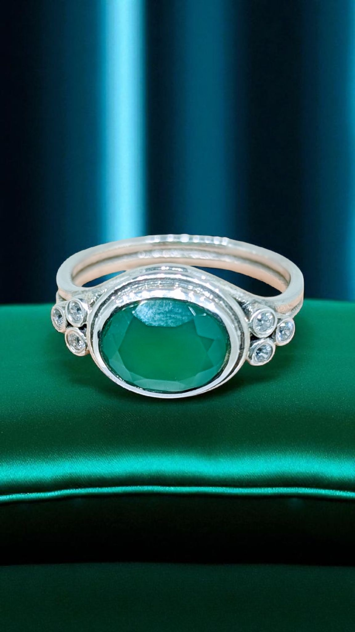 Refined faceted Green Onyx Sterling Silver Ring with Zirconia Accents