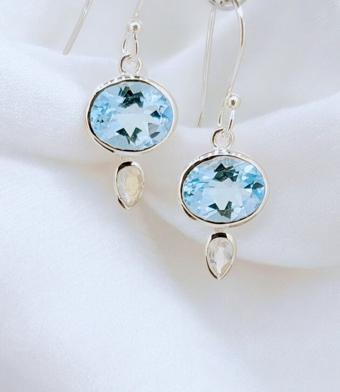 Sterling Silver Earrings with Oval Blue Topaz & Teardrop Moonstone