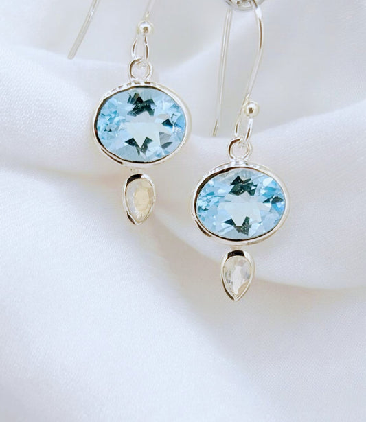 Sterling Silver Earrings with Oval Blue Topaz & Teardrop Moonstone