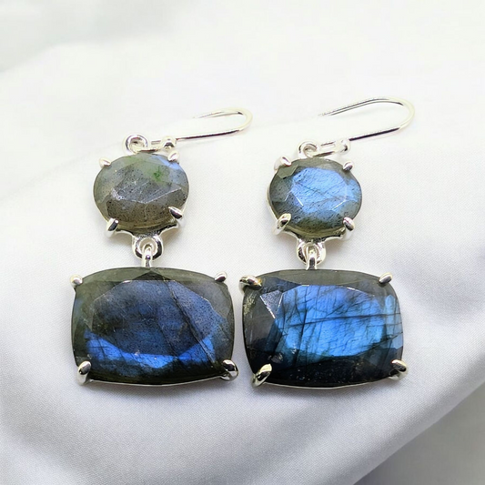 Canadian Labradorite cut gemstone drop earrings with their chic design and flashes of iridescent blues