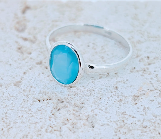 Minimalist aqua oval gem chalcedony ring, crafted in solid sterling silver single bezel setting