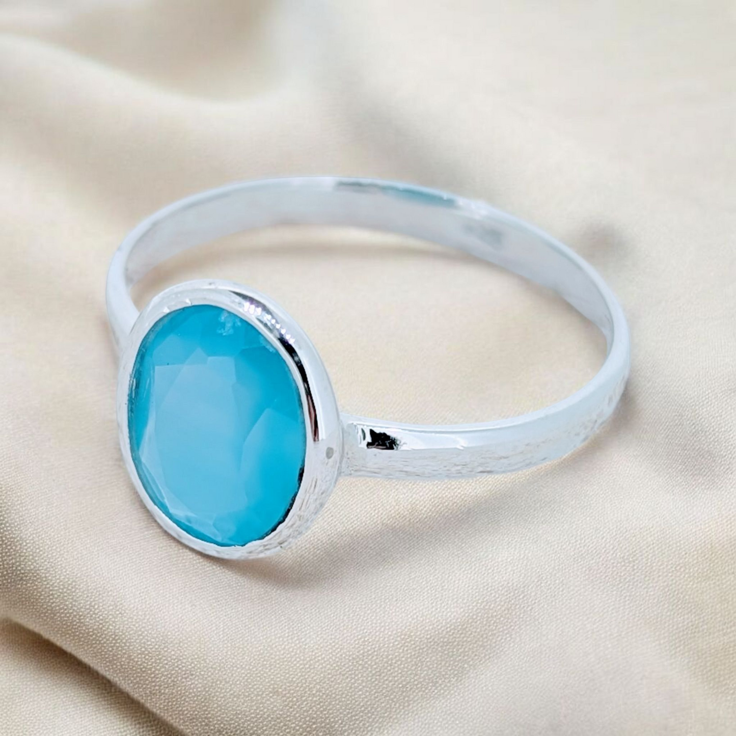 Minimalist aqua oval gem chalcedony ring, crafted in solid sterling silver single bezel setting